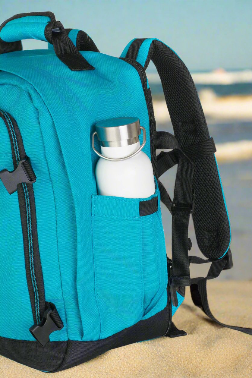 "Carry-on backpack designed for airplane travel, featuring expandable zipper, RFID-protected compartment, ergonomic back padding, and side water bottle holder.