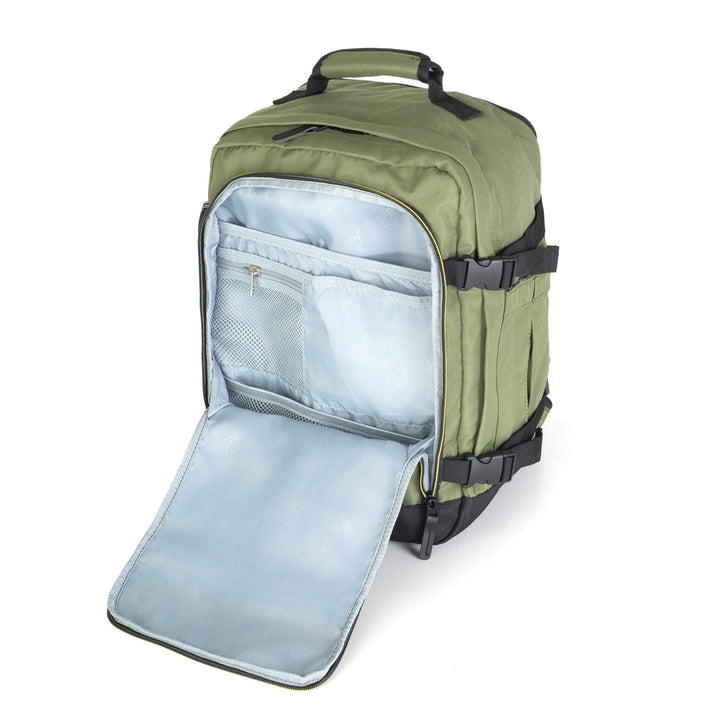 "Carry-on backpack designed for airplane travel, featuring expandable zipper, RFID-protected compartment, ergonomic back padding, and side water bottle holder.