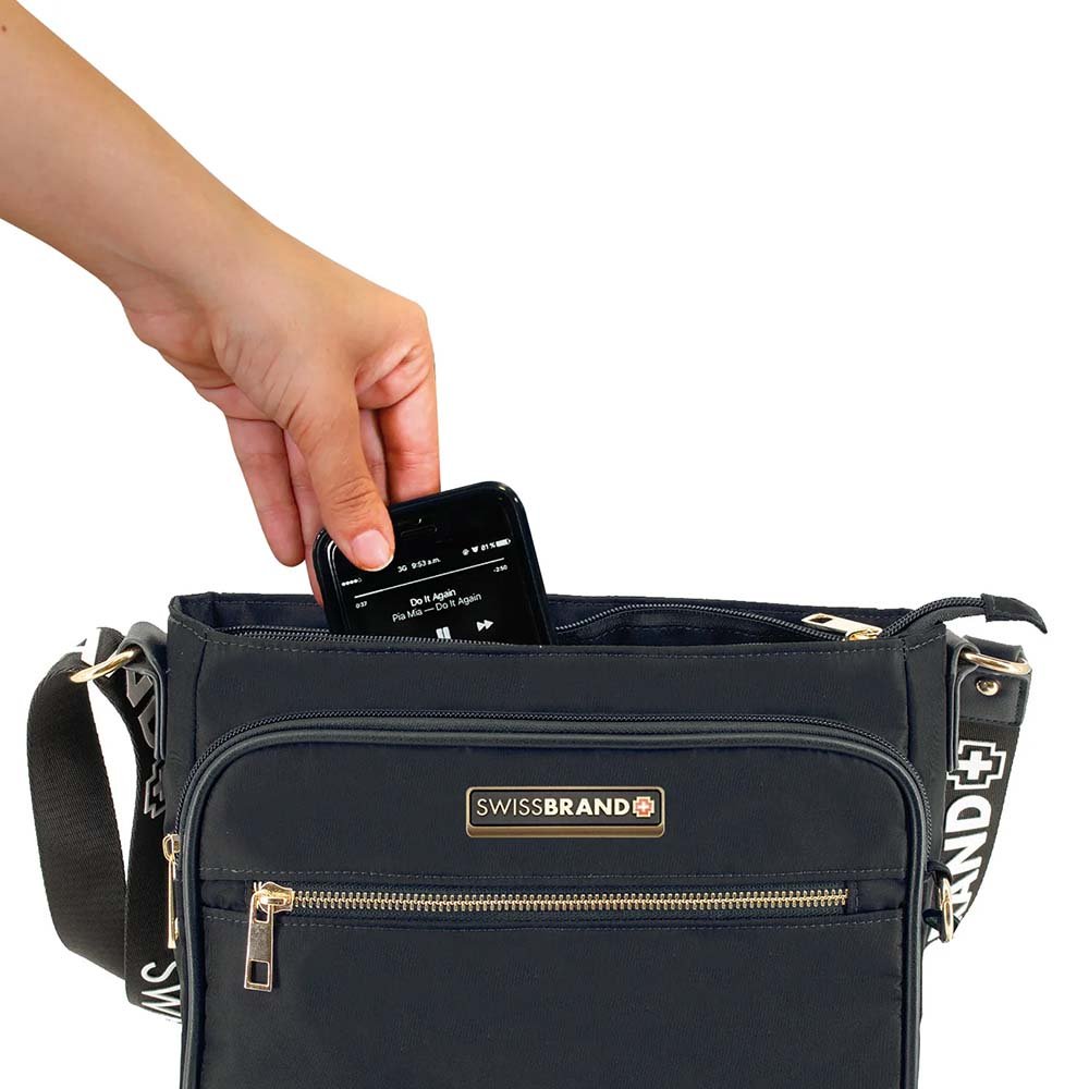 SwissBrand תיק אוכף צד לנשים מבד עם רצועה ארוכה - תיק התיקיםSwissBrandתיקים למחשב נייד