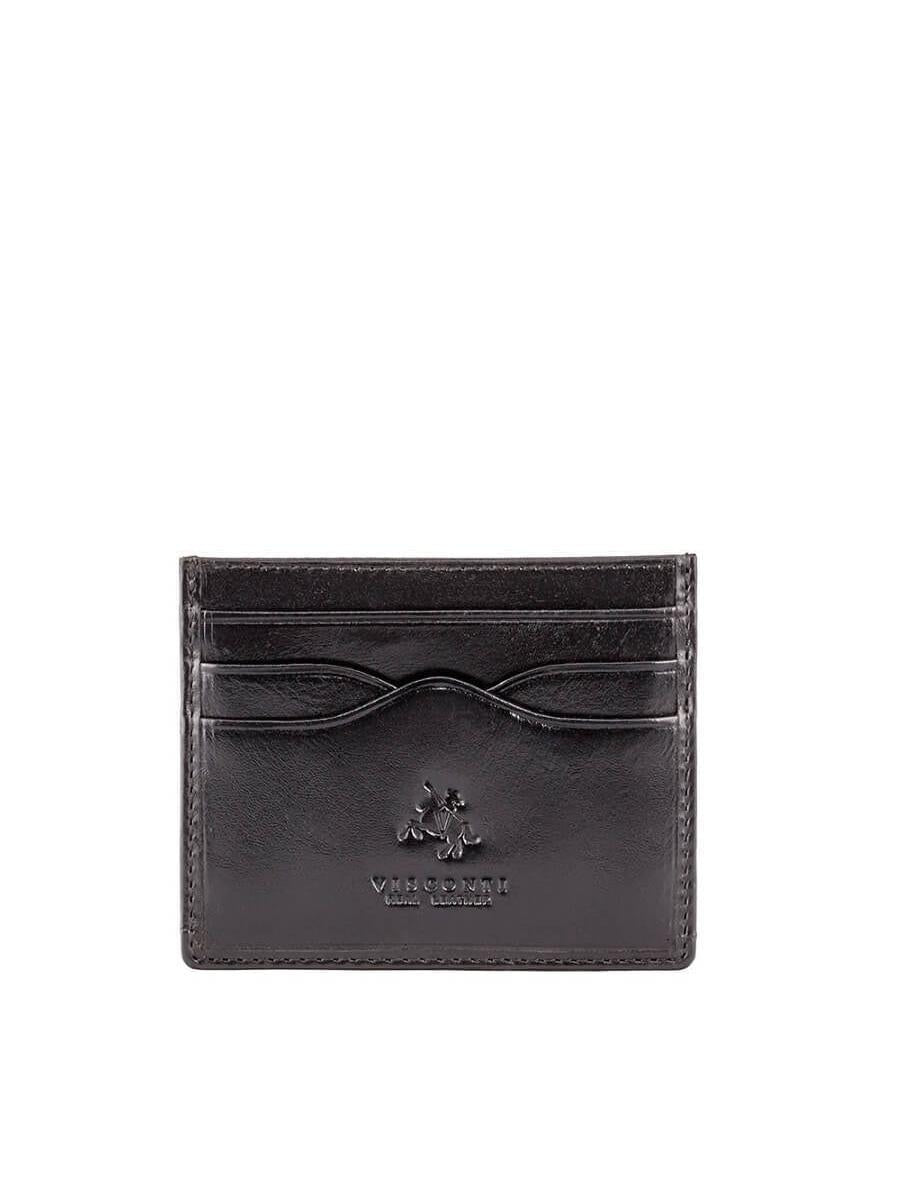 ארנק כרטיסים מעור של Visconti בצבע שחור בעל תא ראשי ושלושה תאים קדמיים מעוצבים עם לוגו אביר מובלט