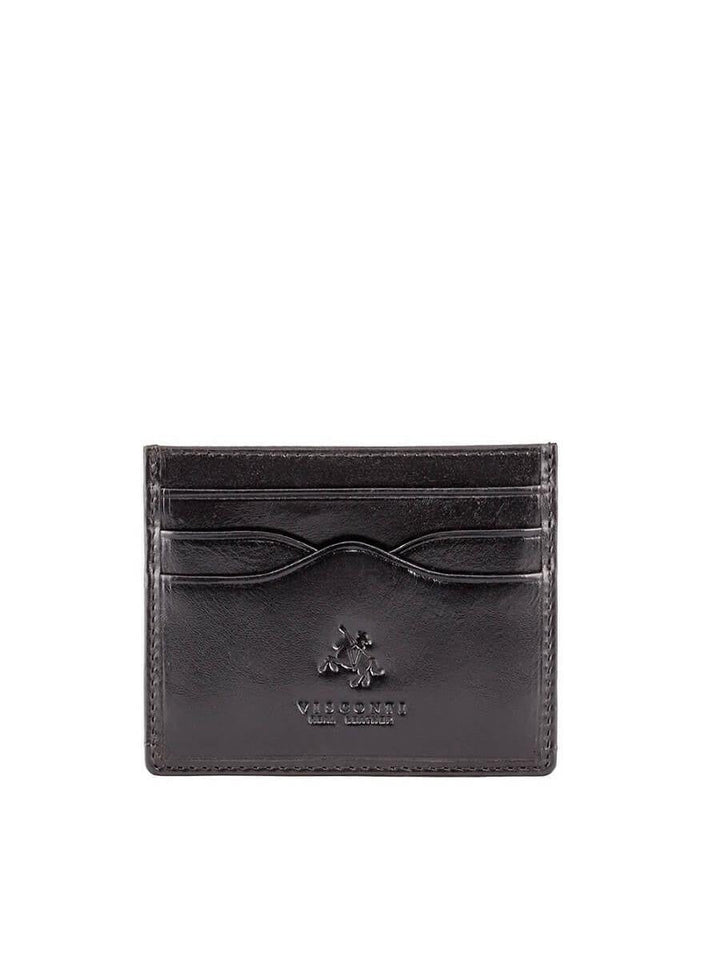 ארנק כרטיסים מעור של Visconti בצבע שחור בעל תא ראשי ושלושה תאים קדמיים מעוצבים עם לוגו אביר מובלט