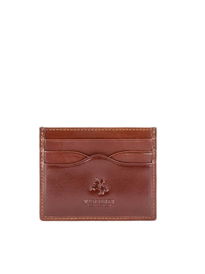 מחזיק כרטיסים ויסקונטי מעור חום אמיתי עם לוגו מובלט תפרים בהירים וחריצים רבים